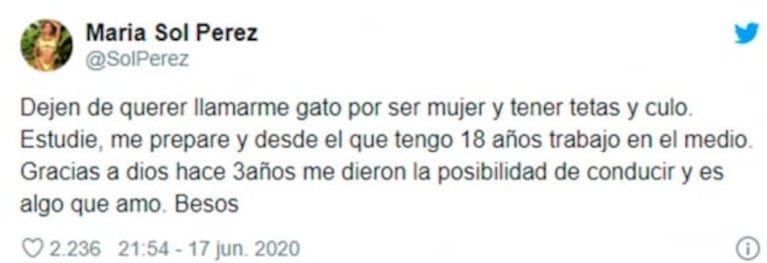 Furiosa reacción de Sol Pérez cuando la compararon con Romina Malaspina: "Yo no muestro las tetas cuando conduzco"