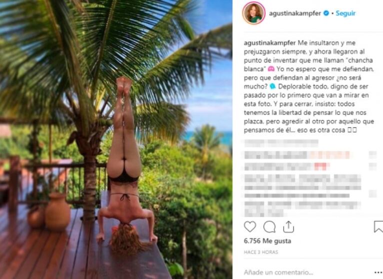 Furiosa respuesta de Agustina Kämpfer, luego de ser llamada 'chancha blanca': "Deplorable todo, digno de..."