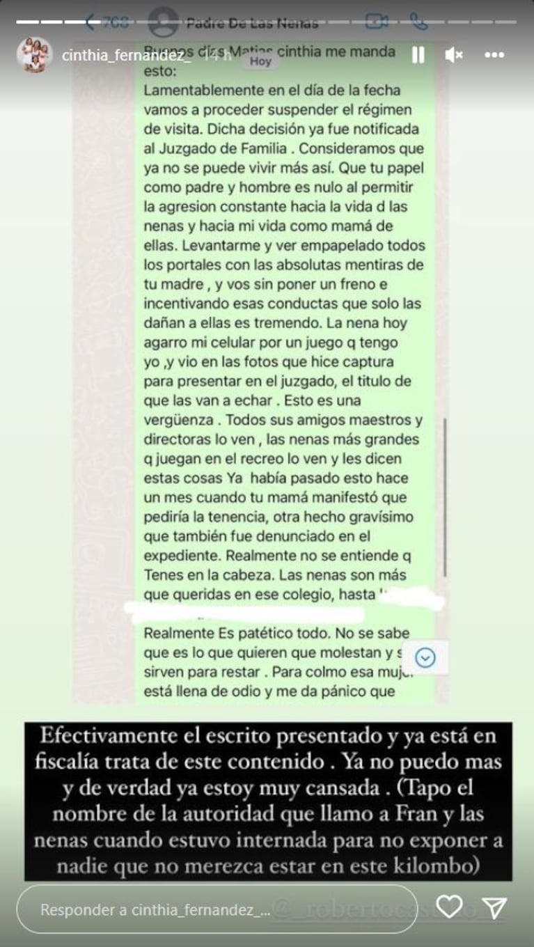 Furiosa respuesta de Cinthia Fernández luego de que Defederico la denunciara por no poder ver a sus hijas: "Ojalá, algún día dejes de dañar"