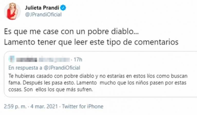 Furioso cruce de Julieta Prandi con sus seguidores de Twitter por el conflicto con su exmarido: "Él es tan misógino como vos"