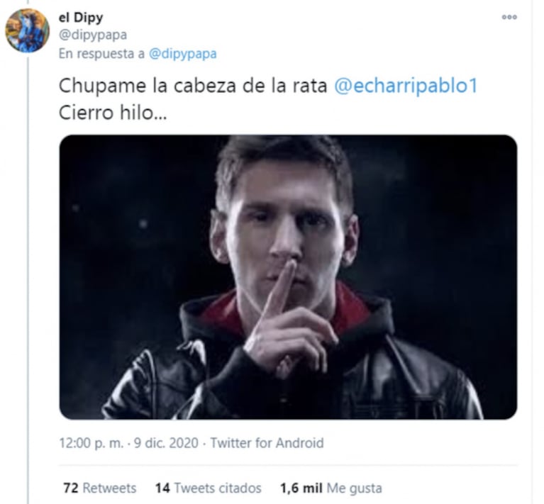 Furioso cruce entre Pablo Echarri y El Dipy en Twitter: "Sos una laucha sucia, un terrible ortiva"