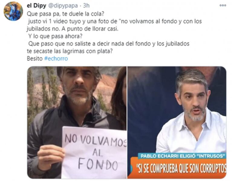 Furioso cruce entre Pablo Echarri y El Dipy en Twitter: "Sos una laucha sucia, un terrible ortiva"