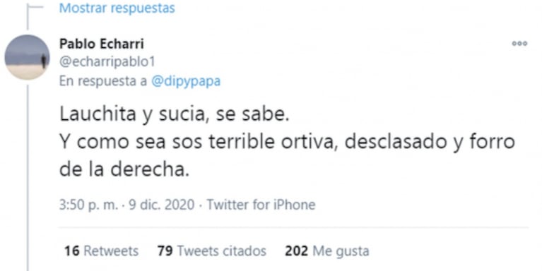 Furioso cruce entre Pablo Echarri y El Dipy en Twitter: "Sos una laucha sucia, un terrible ortiva"