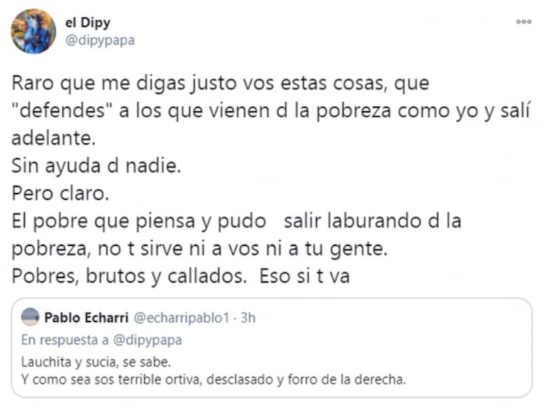 Furioso cruce entre Pablo Echarri y El Dipy en Twitter: "Sos una laucha sucia, un terrible ortiva"