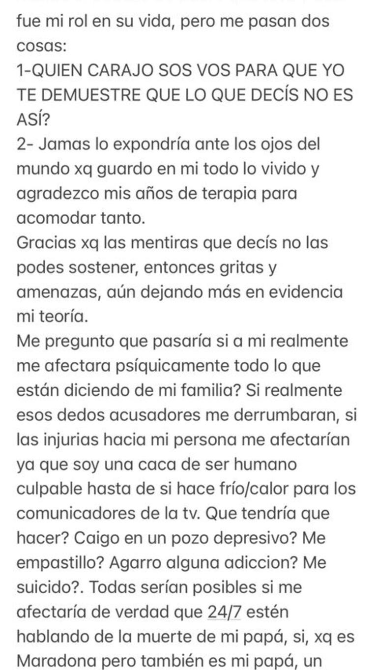 Furioso descargo de Gianinna Maradona contra Luis Ventura: "Mi viejo te odiaba con cada célula de su cuerpo"