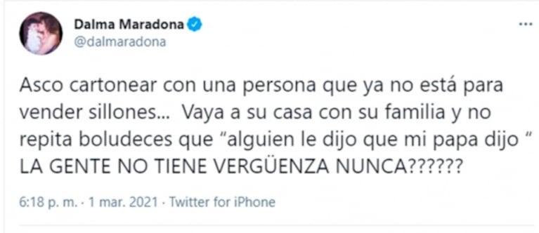 Furioso mensaje de Dalma Maradona contra la decoradora a la que Diego habría intentado conquistar: "Asco cartonear con una persona que ya no está"