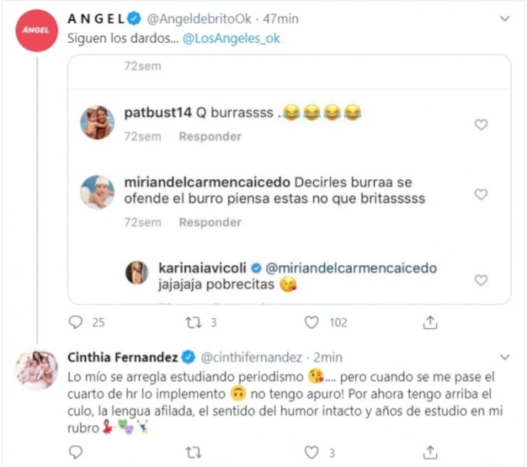Furiosos mensajes de Cinthia Fernández contra Karina Iavícoli: "Lo mío se arregla estudiando periodismo"