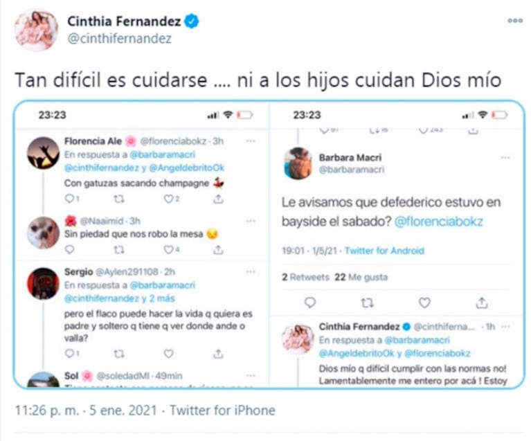 Furiosos tweets de Cinthia Fernández contra Matías Defederico por ir a un boliche: "Podrida de la gente irresponsable que se caga en mis hijas"