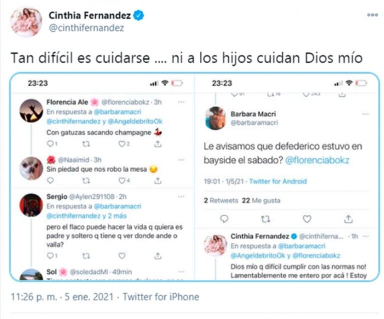 Furiosos tweets de Cinthia Fernández contra Matías Defederico por ir a un boliche: "Podrida de la gente irresponsable que se caga en mis hijas"