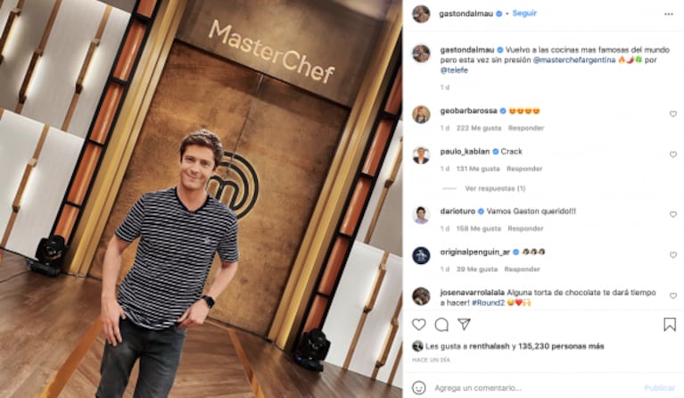 Gastón Dalmau se suma a MasterChef Celebrity y celebró la noticia en la red: "Esta vez, sin presión"