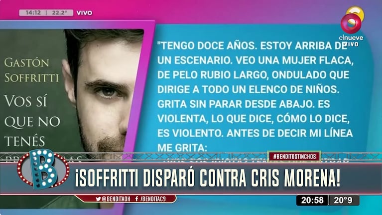Gastón Soffritti apuntó contra Cris Morena en su libro (Foto: captura de El Nueve).