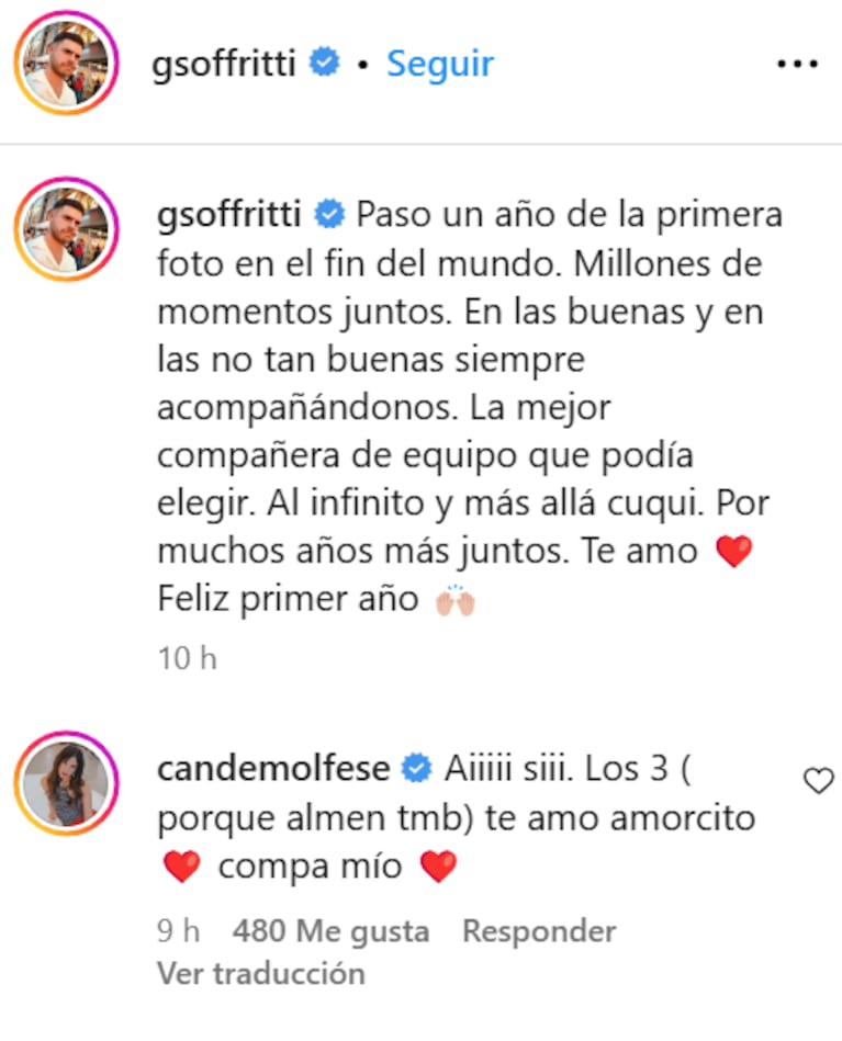 Gastón Soffritti le dedicó a Cande Molfese un emotivo posteo por su primer aniversario