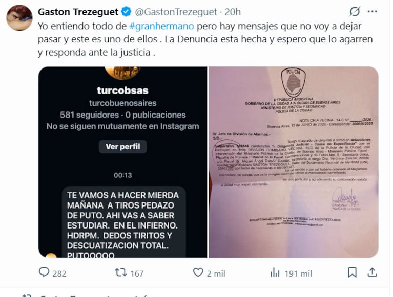 Gastón Trezeguet denunció amenazas de muerte (captura de X)