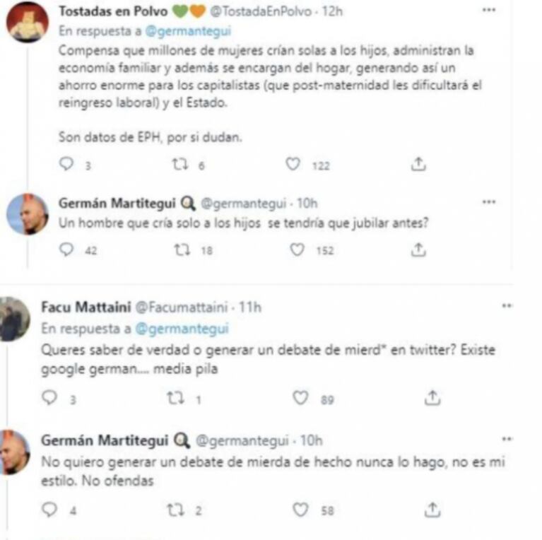 Germán Martitegui lanzó una pregunta en Twitter que generó polémica: "¿Por qué las mujeres se jubilan 5 años antes?"