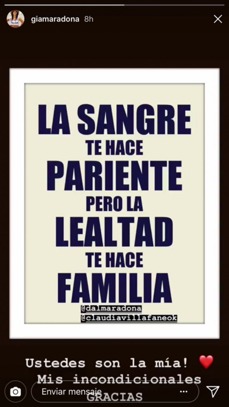 Gianinna Maradona acusó a Diego de querer ver "arrastrada" a Claudia y disparó: "La sangre te hace pariente pero la lealtad te hace familia"
