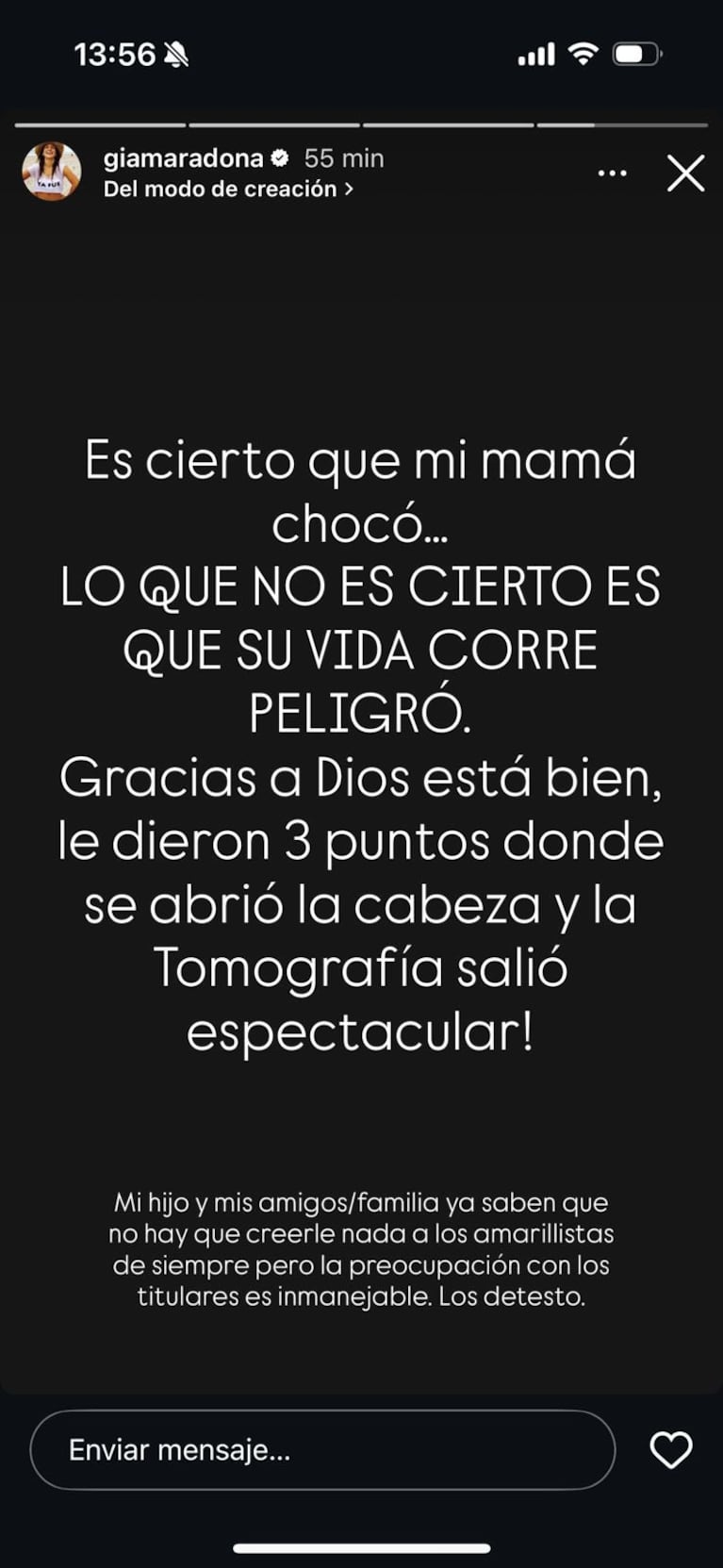 Gianinna Maradona en Stories sobre el choque de Claudia Villafañe.