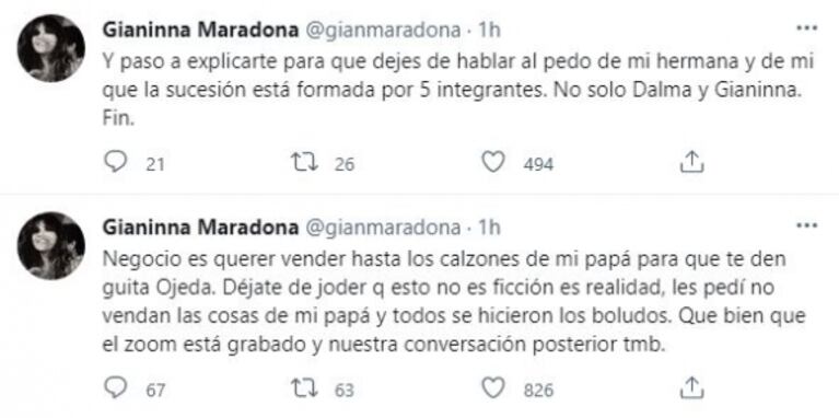 Gianinna Maradona fulminó a Verónica Ojeda por filtrar una suma de dinero que cobraron por el partido homenaje: "Esto no es ficción"