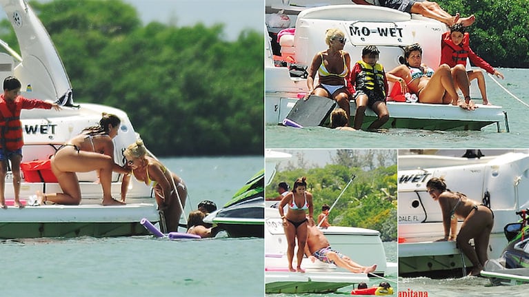 Gianinna Maradona, junto a Claudia Villafañe y Benjamín Agüero en Miami (Fotos: revista Pronto) 