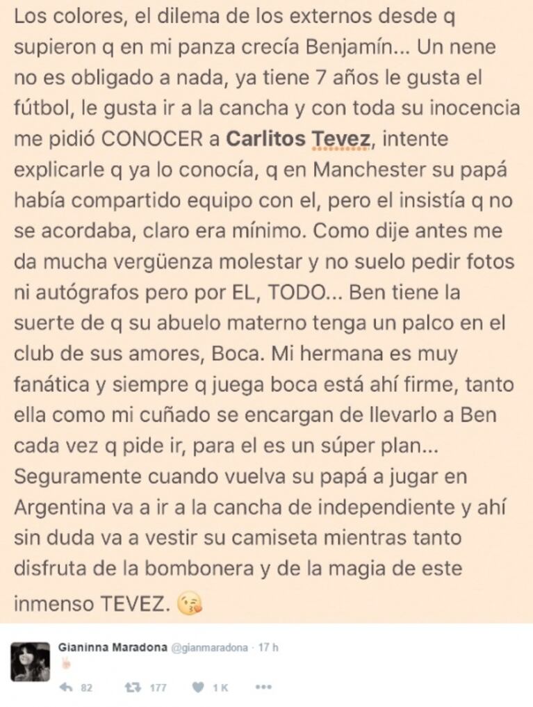 Gianinna Maradona mostró a Benjamín con Tevez y recibió una desubicada crítica que la enfureció: "Por mensajes como éste, decidí no subir nunca más una foto de mi hijo"
