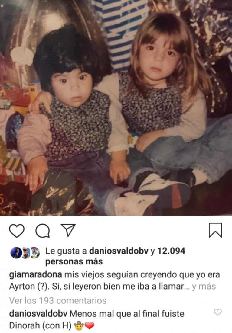 Gianinna Maradona reveló cómo se iba a llamar si nacía varón ¡y Daniel Osvaldo le respondió con un sugerente emoji!