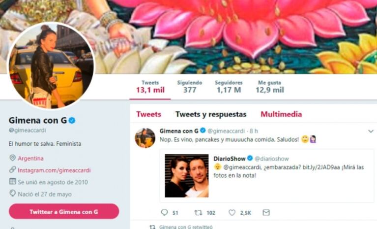 Gimena Accardi desmintió rumor de embarazo con un divertido tweet: "Es vino, pancakes y mucha comida"