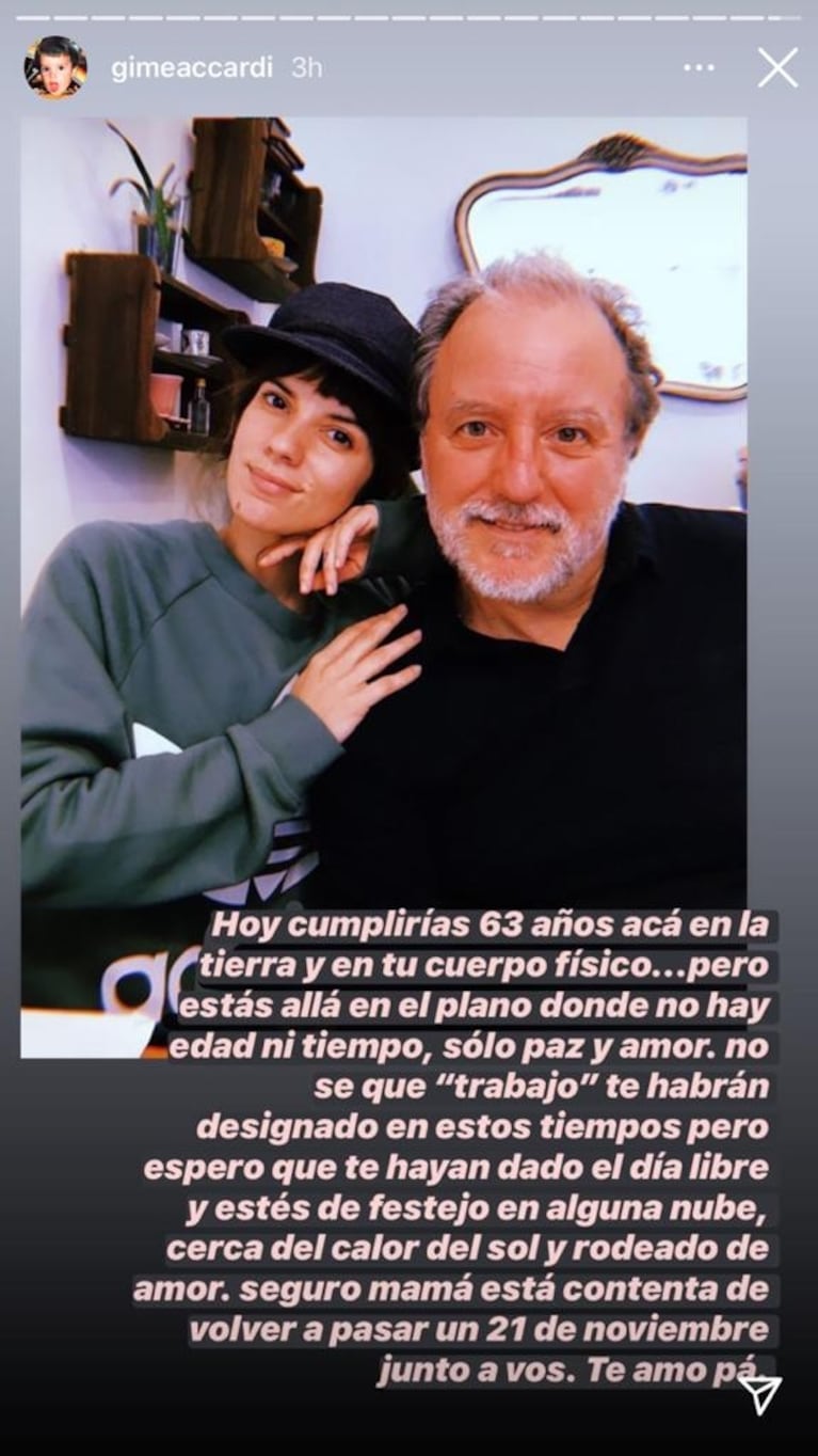Gimena Accardi homenajeó a su papá el día en que cumpliría 63 años: "Seguro mamá está contenta de pasarlo con vos"