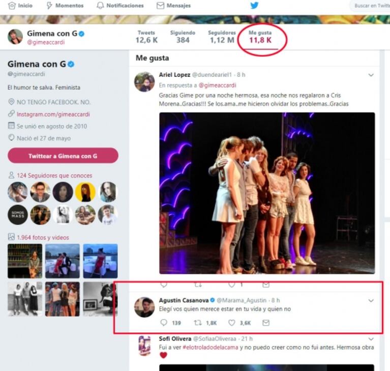 Gimena Accardi y su contundente "me gusta"en Twitter tras revelar el motivo de su pelea con la China Suárez: "Elegí vos quién merece estar en tu vida y quién no" 