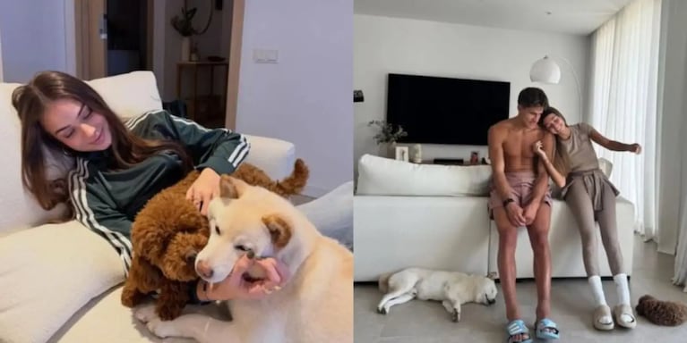 Giuliano Simeone e Irene Ariza, en el living de su casa en Madrid, junto a sus mascotas