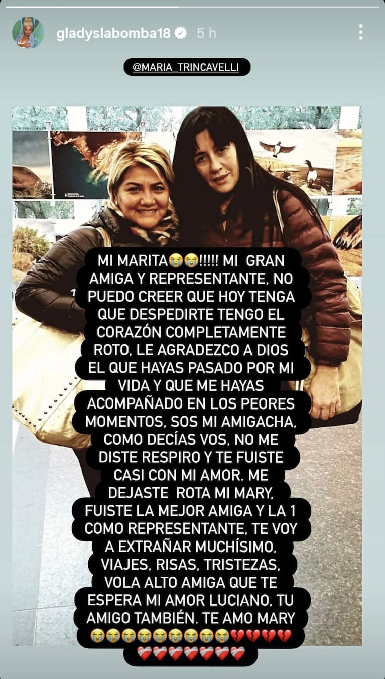 Gladys La Bomba Tucumana despidió a María de los Ángeles Trincavelli, su ex representante, tras su fallecimiento (Foto: captura de Instagram).