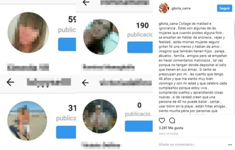 Gloria Carrá mandó al frente a las mujeres que la critican en Instagram: "Se ensañan en hablar de anorexia, vejez y fealdad" 