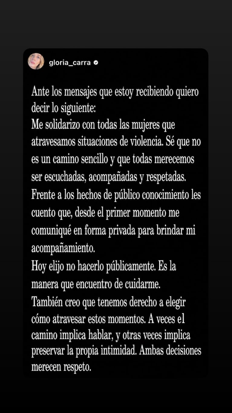 Gloria Carrá rompió el silencio tras la denuncia pública de Cecilia Ce contra Nacho Levy. Crédito: Instagram