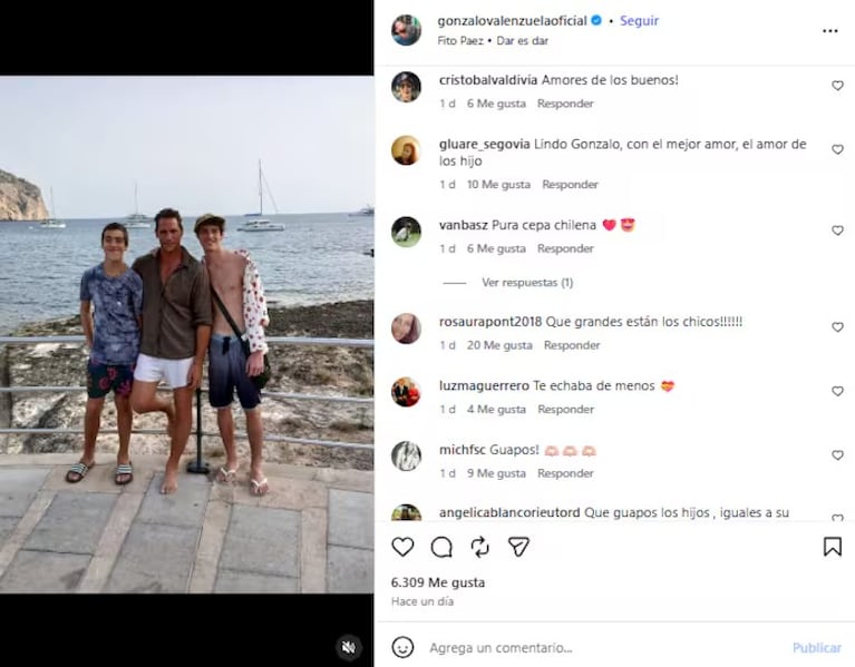 Gonzalo Valenzuela posó sonriente junto a Silvestre y Alí durante sus vacaciones en las playas de España. Fuente: Instagram @gonzalovalenzuelaoficial
