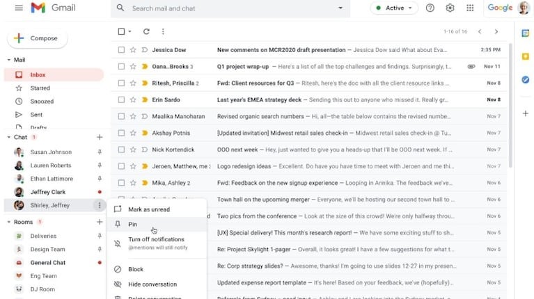  Google Chat ahora permite fijar conversaciones en Gmail. Foto: DPA.