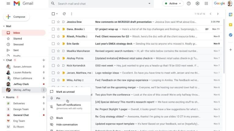 Google Chat ahora permite fijar conversaciones en Gmail. Foto: DPA.