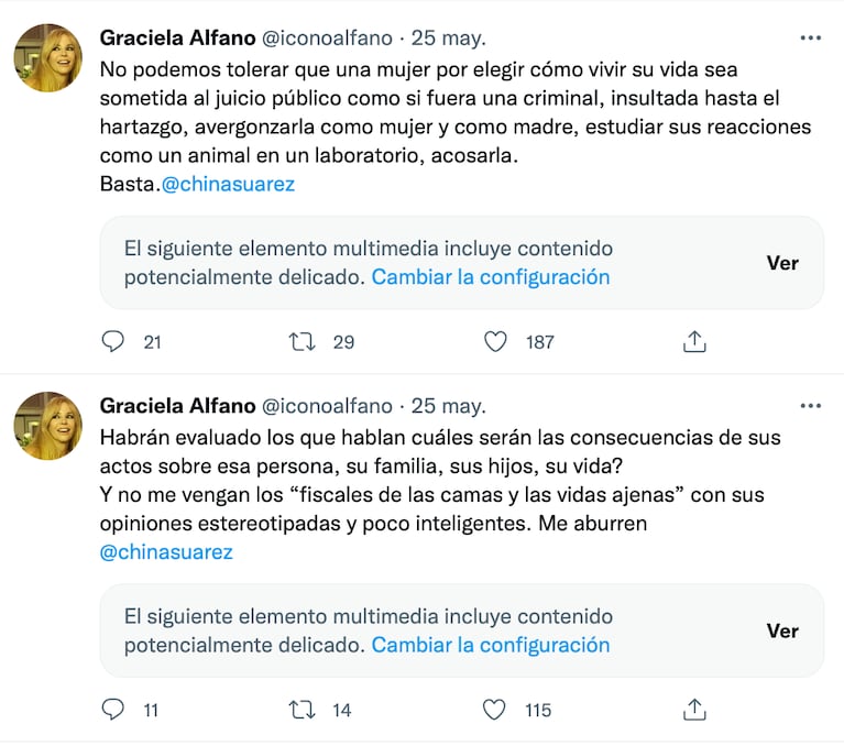 Graciela Alfano defendió a La China Suárez. Fuente: Twitter.