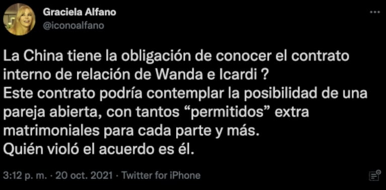 Graciela Alfano defendió con todo a China Suárez, apuntó contra Wanda Nara y destrozó a Mauro Icardi