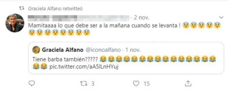Graciela Alfano se burló de una foto de entrecasa de Yanina Latorre y compartió los picantes mensajes de Twitter: "¿Tiene barba también?"
