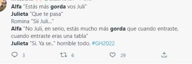 Gran Hermano 2022: Alfa le dijo a Julieta que está "más gorda" y lo destrozaron en las redes