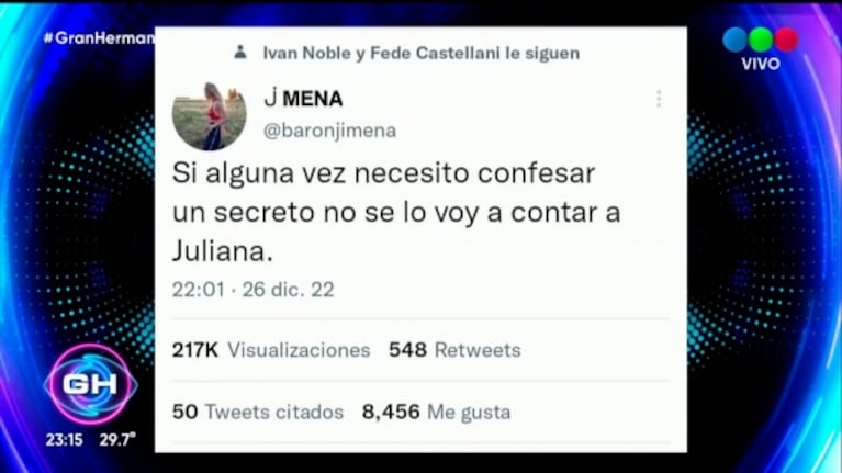 Gran Hermano 2022: picante respuesta de Juliana al tweet de Jimena Barón 