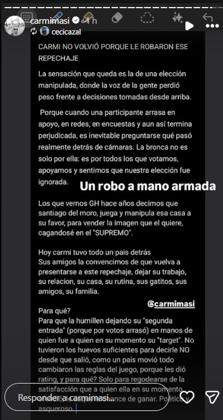 Gran Hermano: Carmiña explotó contra la producción tras sentirse “humillada” en el repechaje (captura de Instagram)