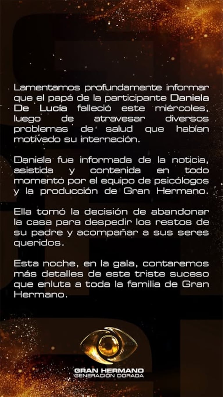 Gran Hermano comunicó la desición de Dani La Coach tras la muerte de su padre (Foto: captura de redes).
