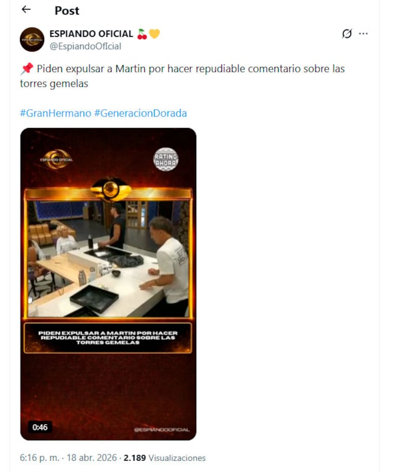 Gran Hermano: el polémico comentario de Martín Rodríguez por el que piden su expulsión  (captura de X)