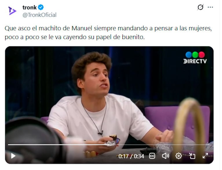 Gran Hermano: el polémico cruce de Manuel con Luana que desató una ola de críticas en redes (captura de X)