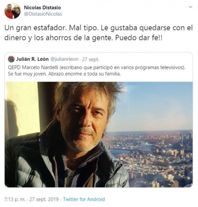 Grave acusación de un periodista al fallecido escribano de la TV Marcelo Nardelli: "Gran estafador y mal tipo"