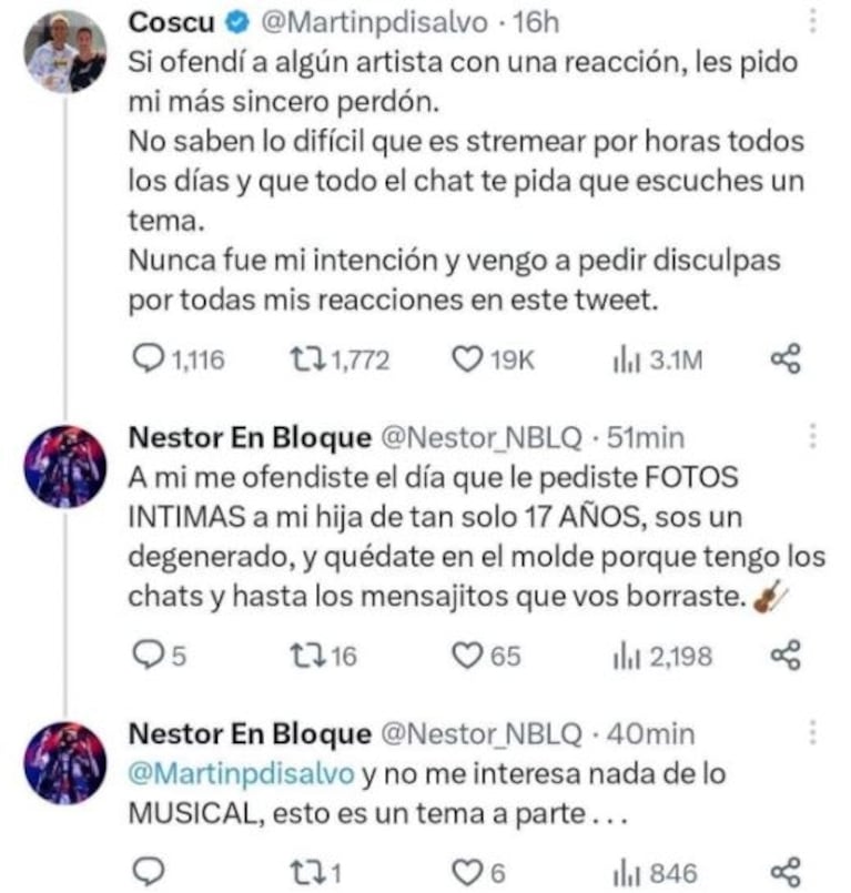 Grave denuncia de Néstor en Bloque contra Coscu: "Le pediste fotos íntimas a mi hija de 17 años"