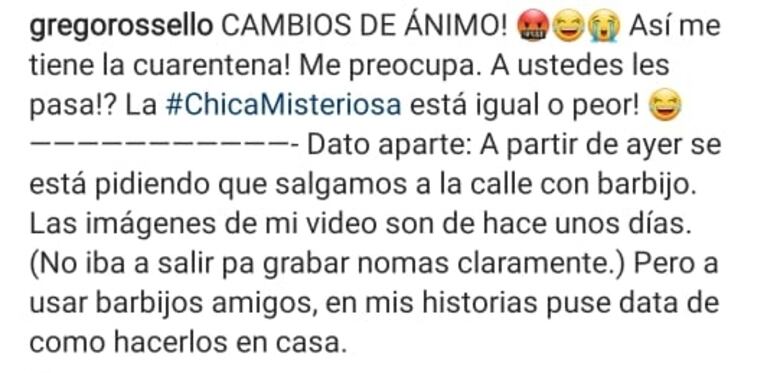 Grego Rossello increpó a un usuario que lo acusó de 'rascarse' en cuarentena: "Hago videos para que algunos se rían y otros comenten bol... como esta"