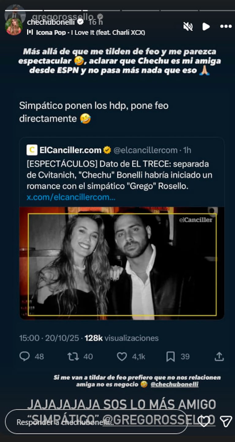 Grego Rossello negó romance con Chechu Bonelli (Foto: captura de redes sociales)
