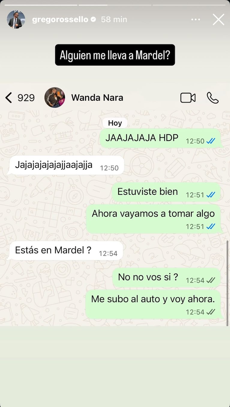 Grego Rossello respondió y mostró su ida y vuelta con Wanda Nara (Foto: Instagram/@wanda_nara).