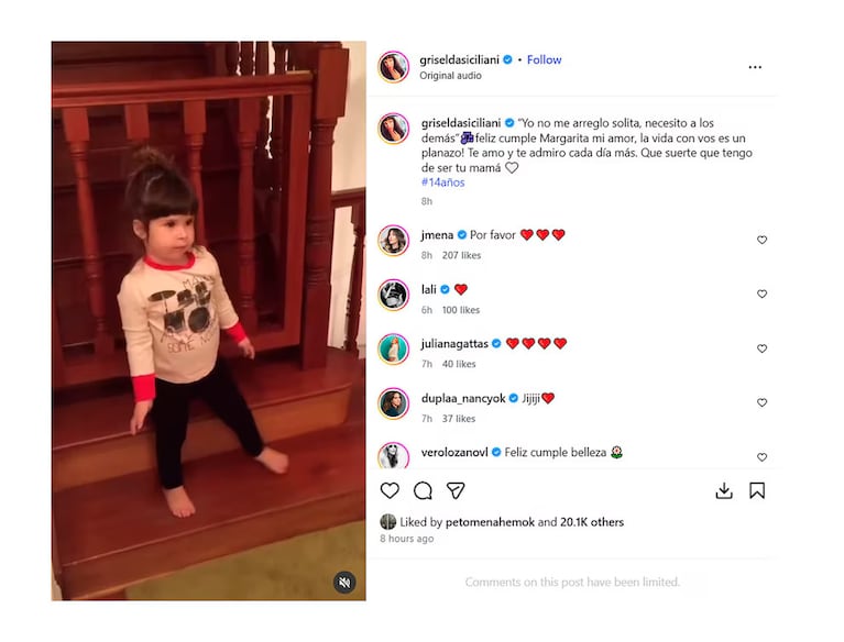 Griselda Siciliani compartió en Instagram una imagen de la infancia de Margarita con motivo de su cumpleaños número 14