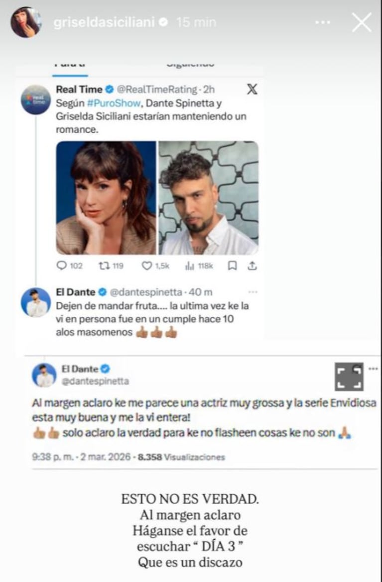 Griselda Siciliani habló del rumor de romance con Dante Spinetta (Foto: captura de Instagram/@griseldasiciliani).